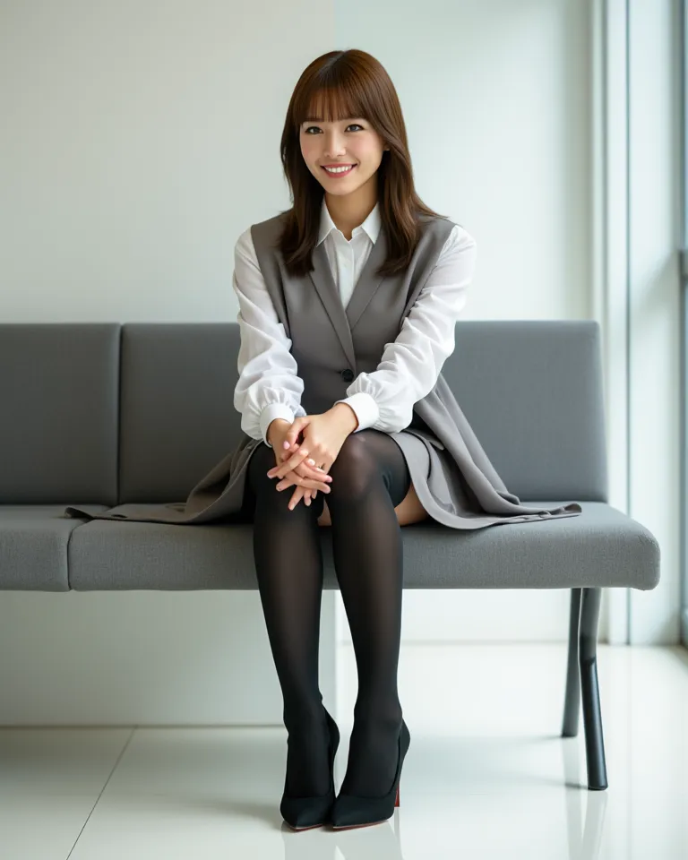 (    photorealism   :1.2)、 full body portrait 、Smelling black high  socks 。  beautiful日本人モデル、39;  thick legs、  woman  、39;   Office worker uniform    、   Black High Heels   、smile、Bench on the White Floor 、  Open your legs a little 。 super realistic thick ...