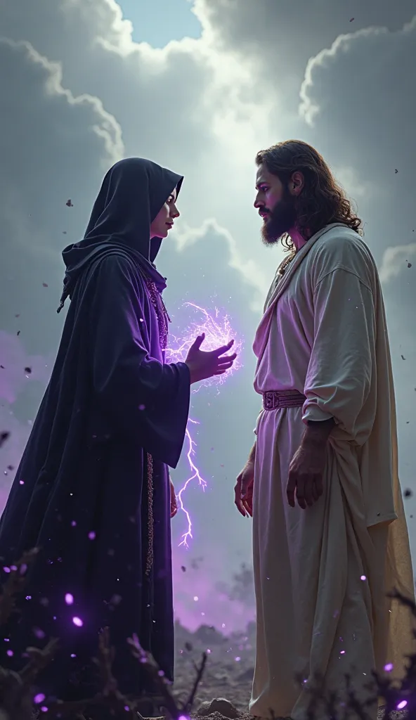 A hyper-realistic cinematic scene of Raven and Jesus Christ standing face-to-face in an intense stare-down, with both figures shown in full-body portraits. Raven, with her dark, mystical aura, stands powerful and composed, cloaked in her signature purple a...