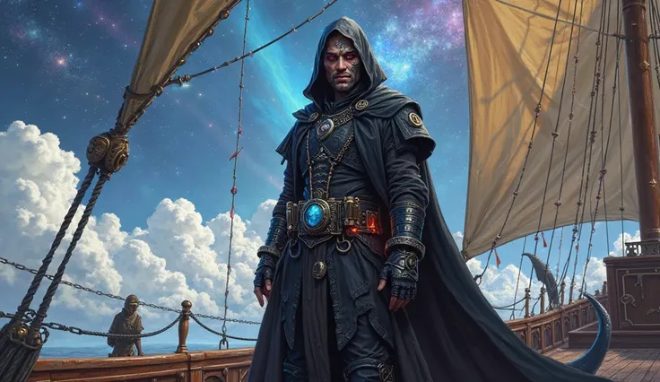 A male caucasian tiefling pirate stands confidently on the deck of a spelljammer-style airship, surrounded by the vast expanse of clouds.  a shadowy hood, partially concealing his piercing eyes, one red, one blue, and dragon styled facial tattoos. He wears...