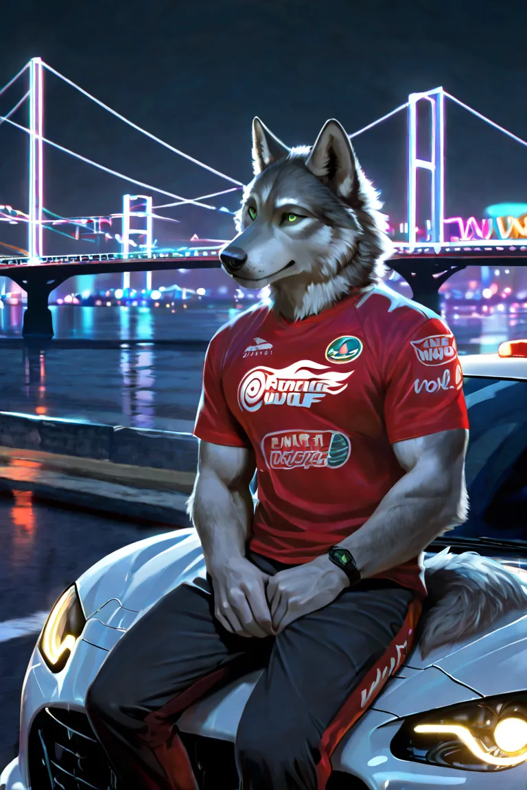  wolf's ear,1 Young Wolf,Thigh muscle ,muscular abdomen,, inverted triangular figure,Green Eyes,Gray fur, unclothed ,sitting on a white racing car,road, water bridge, neon lights, at night,handsome face,private view, Masterpiece, ,style, Trousers,high-reso...