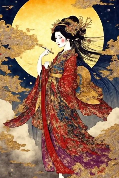  ukiyo-e、high detail that opens the knees and legs, Ultra High Definition, high definition model, Hi-Res, 8k、Beautiful woman in kimono holding a fan in a golden cloud、With the full moon on your back、dancing with a big fan、Maiko's profile、A splendid beauty ...