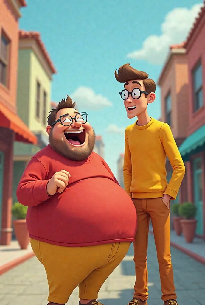 "A funny and chubby man with a big belly, wearing a red tunic and yellow pants, laughing joyfully in a vibrant cartoon-style town. Beside him, a tall, skinny man in a yellow outfit with glasses looks surprised. The scene is colorful and full of energy."