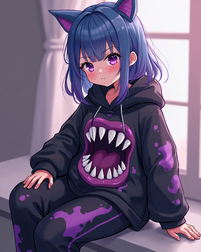 Make the image,anime art,high face,blue hair with purple tones at the tip,Kicked backwards,wearing a black and purple organic clothing set with teeth details,sweatshirt with thorns and teeth revealing the malevolent belly,with purple eyes and arrogant,sitt...