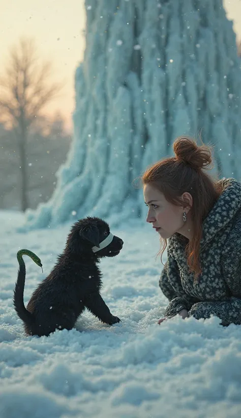 hyperrealistic. A SMALL PUPPY with fluffy black fur is in the snow,  wearing a bandage over one of her eyes . The right front of the puppy , A SMALL GREEN snake, Are you staring intently at the puppy?, It has its body raised and with its head held high , r...