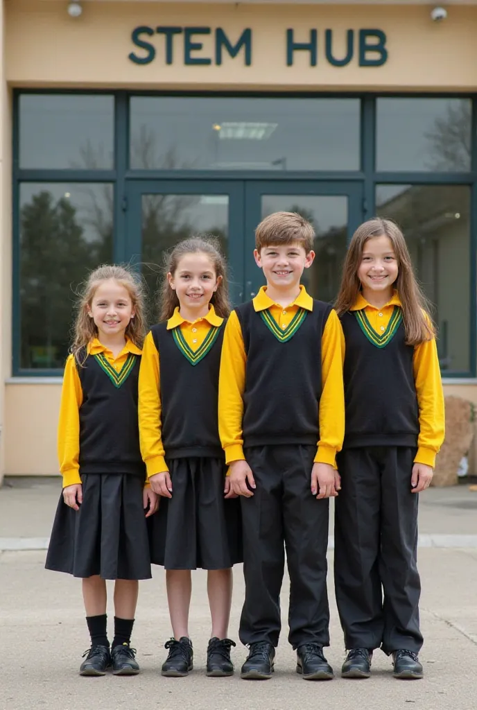 School students standing infront of the building. They are in their school uniforms. Yellow long sleeve shirt. Black hand-cut vest outside. Girls with black skirt, black shoe and long white shocks. Boys with black long trousers and blacn shoes. Yellow shir...