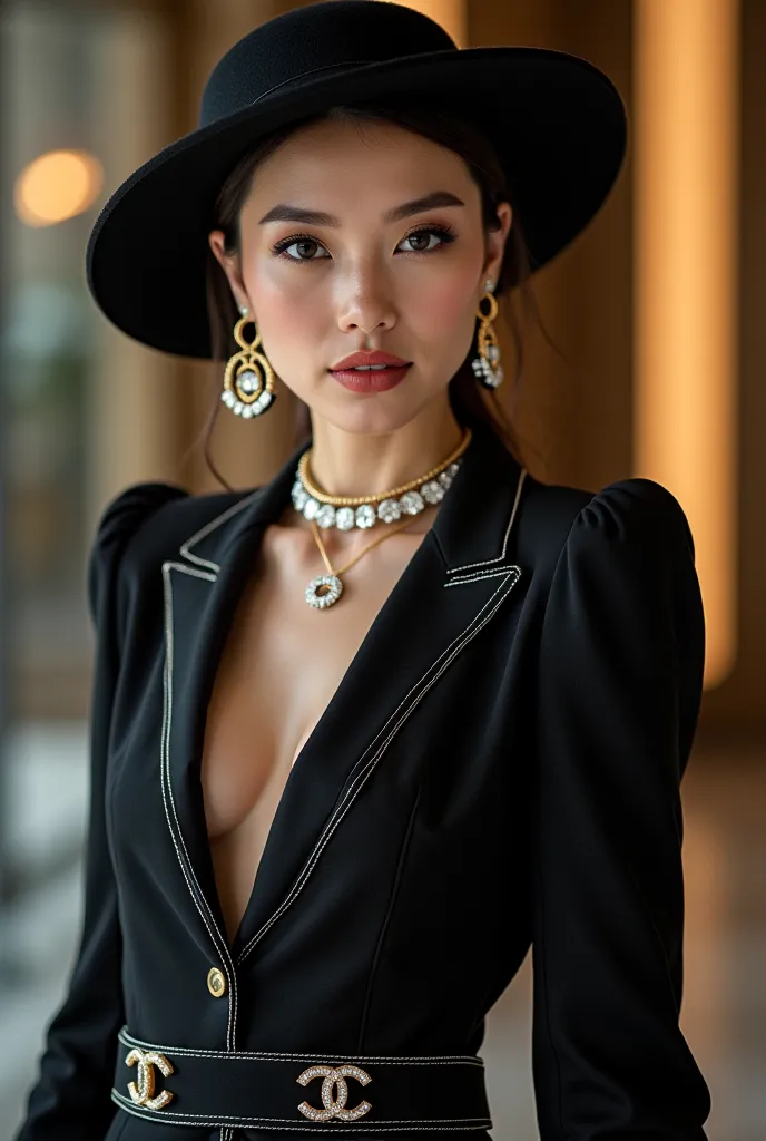 a classy and elegant female model wearing hat, jewelries, and formal long-sleeved dress while promoting Chanel with the picture taken from her hips and upwards