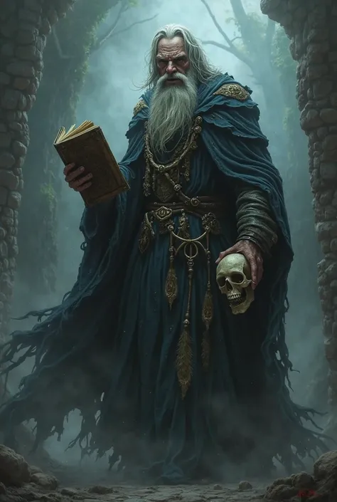 Poster with 9:16 , Realistic terrifying wizard, holding a grimoire in one hand and a skull in the other hand, dark realistic environment,fog around the realistic image 