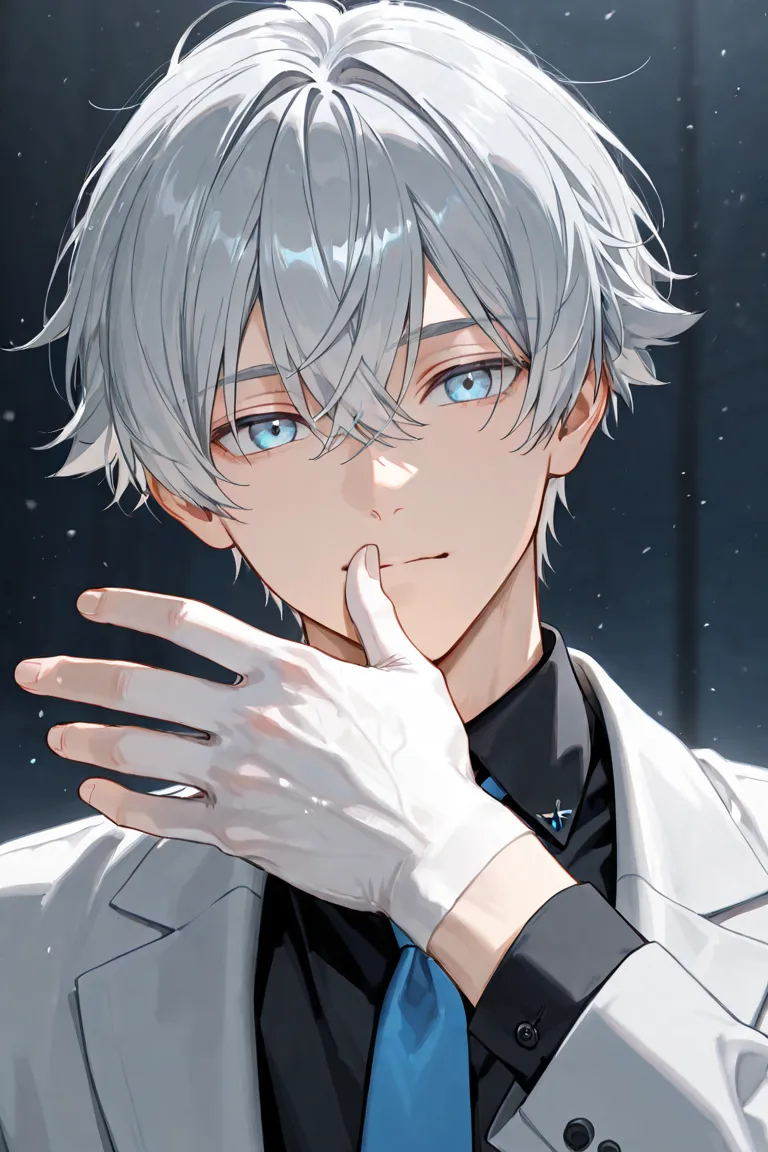  Gray hair, wolf hair, black shirt, blue tie, male face, light blue eyes, white hands, free