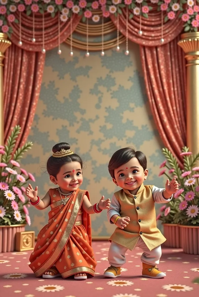 Create a realistic wedding backdrop with a cute baby girl dressed in an sambalpuri sari and a cute baby boy dressed in a sambalpuri kurta,