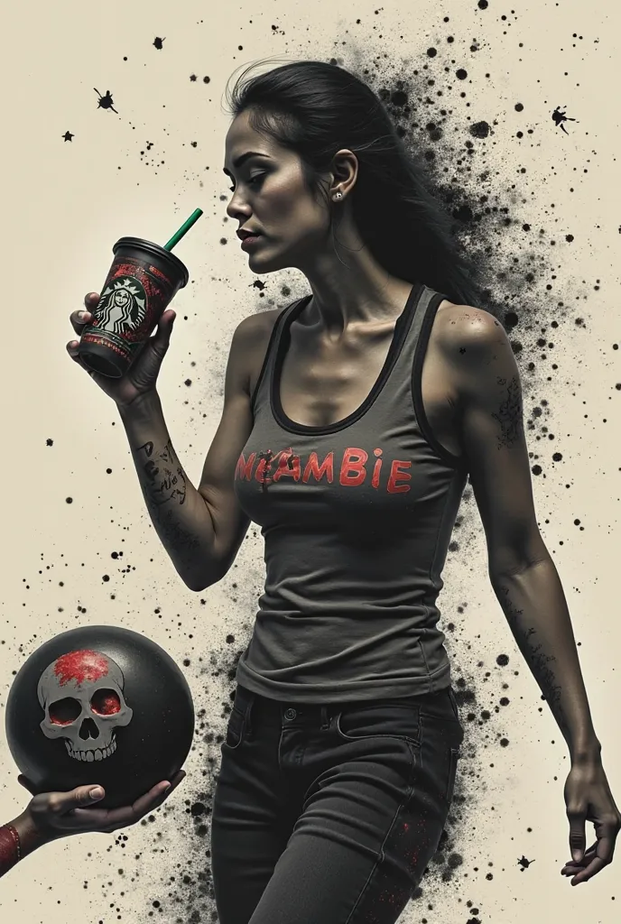 Woman is seen holding Starbucks drink in hand and pulling tank ball with other hand. The tank ball has "mombie" and a skull graph. There are black splashes in the background and a ghostly hand reaching towards the woman.  Woman's face , lettering hidden by...