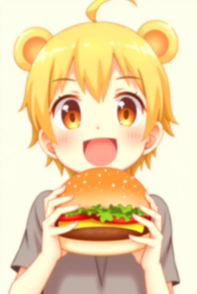 anime, , bear ears,  by the blond hair, Brown Eyes, eating a hamburger while smiling at the camera ,