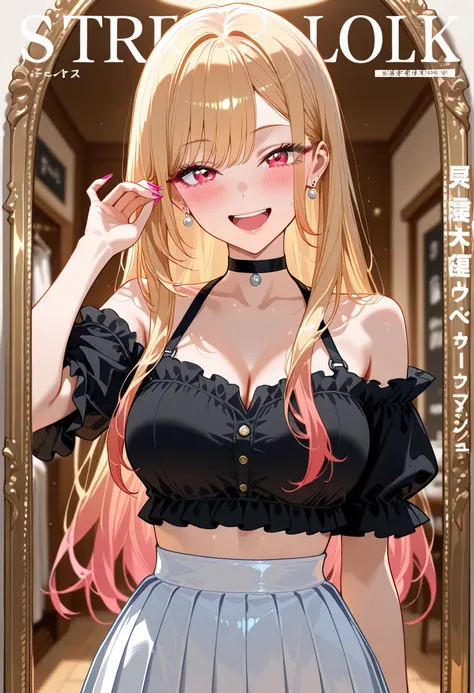 Marin Kitagawa, long hair, blonde hair, light pink ombre hair, red eyes, big eyes, delicate facial features, natural skin texture, laughing, looking at viewer, stylish summer look, off-shoulder black crop top with high-waisted white pleated skirt, adjustin...