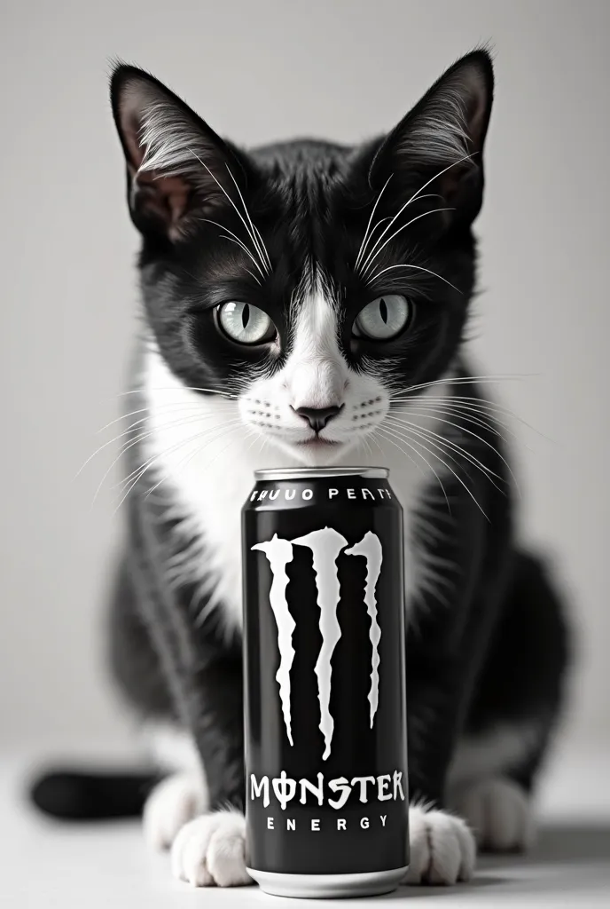 Black and white cat drinking an energetic Monster can 