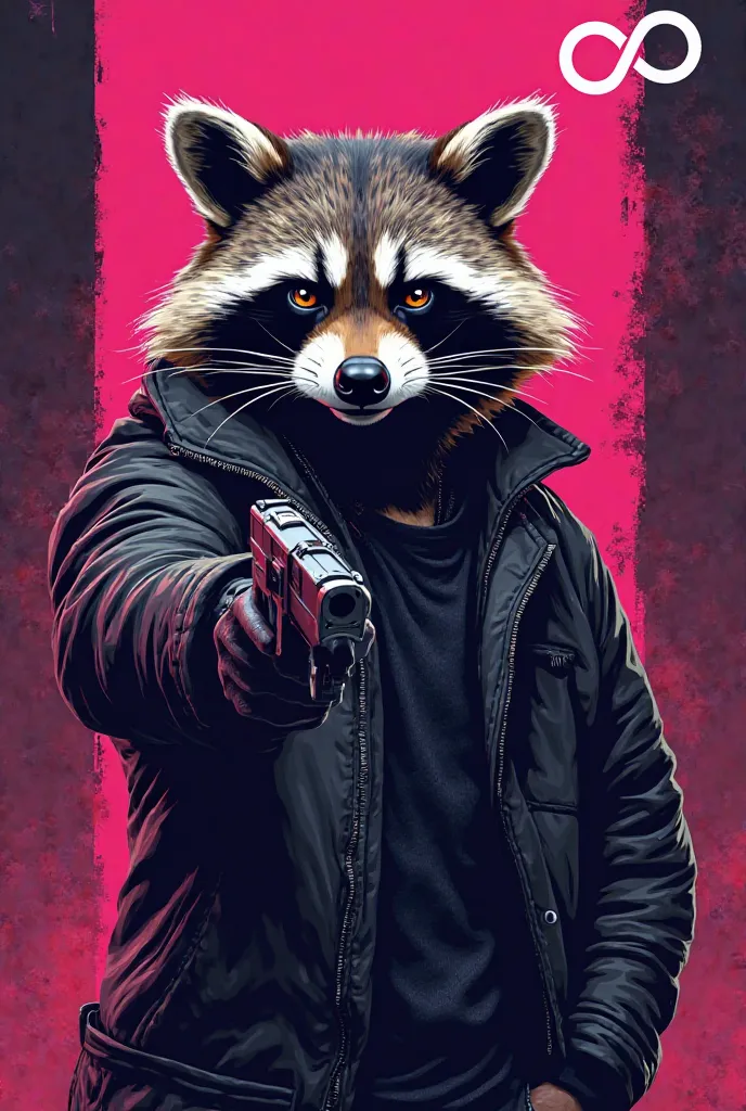 Create a raccoon logo , with the well-printed name HYPE INFINIT with a gun in your hand the white beard and the color pink and black with the infinity symbol 