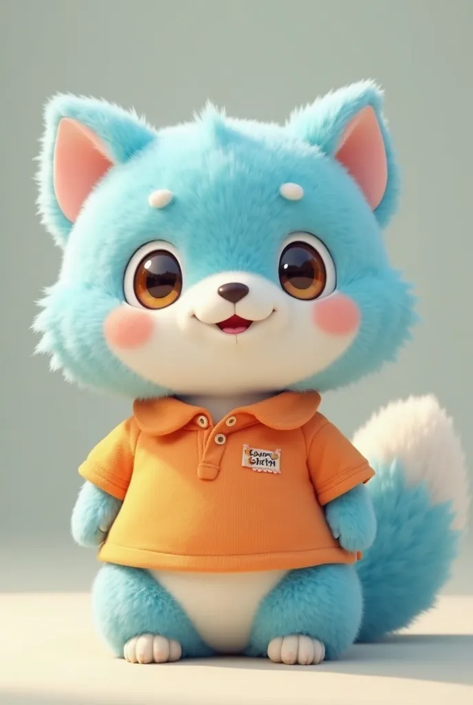 Pet that is a typical Japonian animal with light blue fur,  tender,  with big eyes , friendly, with orange polo shirt that carries the word "Kumon"