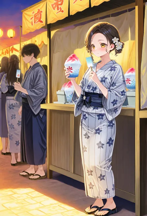    young  , Nape,yukata,stall,Sandals,fair,holding かき氷,