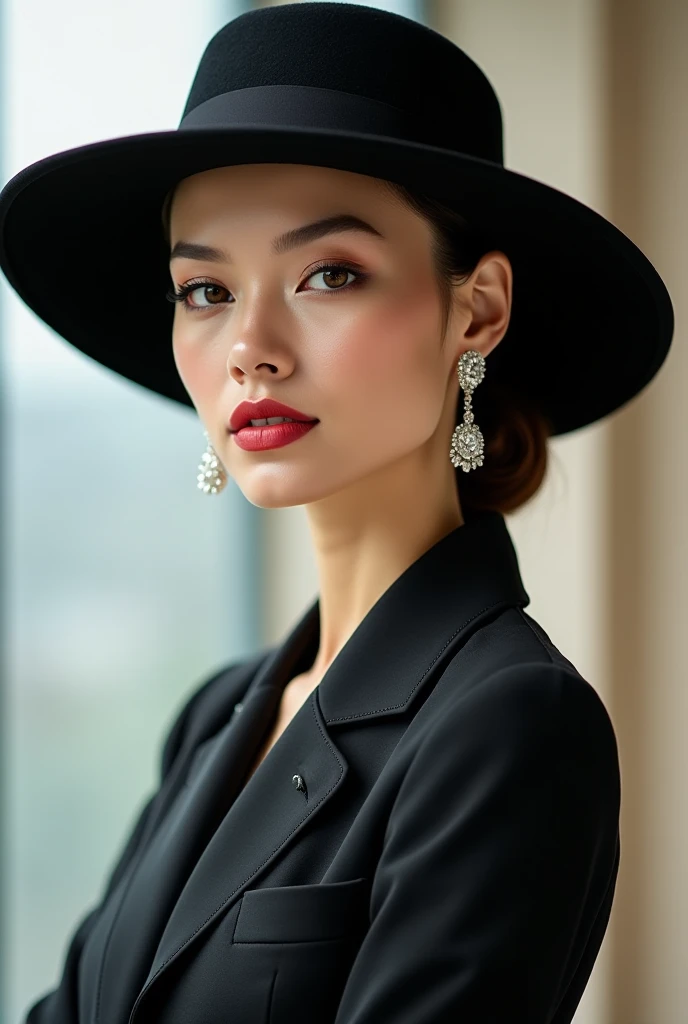 a classy and elegant female model wearing hat, jewelries, and formal long-sleeved dress while promoting Chanel with the picture taken from her upper half body only and facing front