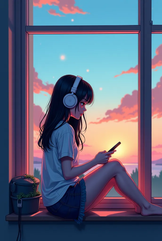 anime girl listening to music while sitting on a window sill, an anime drawing by Alena Aenami, tumblr, art nouveau, lofi girl, anime vibes, lofi artstyle, lofi art, lofi portrait, lofi portrait at a window, lofi feel, lofi vibes, with headphones, lofi gir...