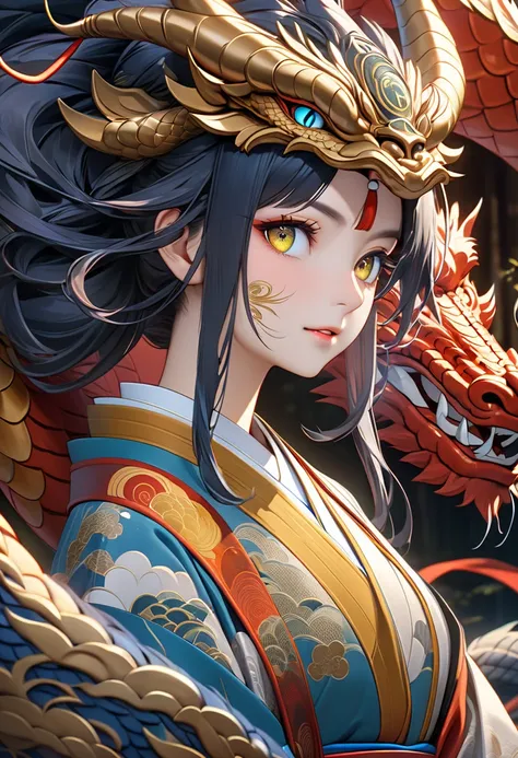 Japanese dragon's eyes featuring large expressive eyes, The dragon's face is adorned with long flowing whiskers and elegantly curved horns, The scales on its face are intricately detailed shimmering with an ethereal glow, Highlight the powerful eyes captur...