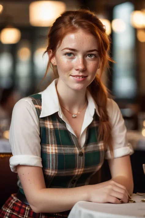 Contemporary portrait photography. Full length shot. A young woman with a candid expression, freckled face, and ponytail Auburn hair, wearing a tartan skirt and white shirt with a small necklace, enjoys dinner at a chic restaurant. Bokeh. Soft natural ligh...