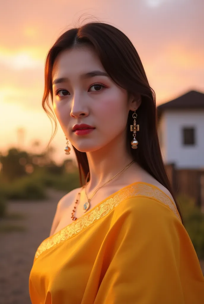 Beautiful Korean girl wearing a yellow saree she and  dusk sky background beautiful House and face lightening 