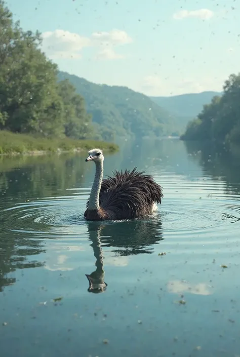 An ostrich swim at the lake