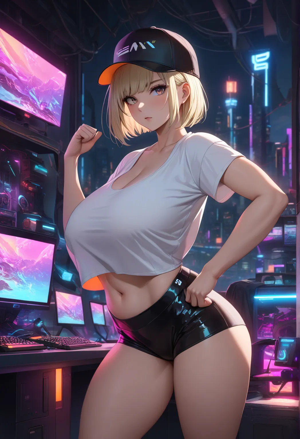 Masterpiece, t-shirt, vibrant, very aesthetic, HIGH CONTRAST, semrealist  ,  newest ,  
landscape, Neon border light , dark, 1 girl, big breasts, wide hips, big ass,  thick thighs , negro (low leg:1.3) Bermuda, White shirt with crop top cut,  bare shoulder...