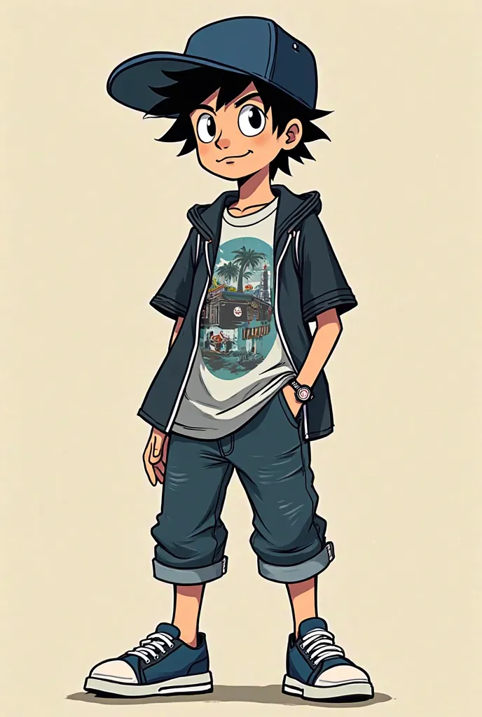 comic style cartoon Gravity Falls featuring a boy with dyed black hair, with a dark blue cap. Your style is Hiro Yamada,  wearing loose clothing , gaming or graffiti t-shirts, and modern sneakers . he is 
