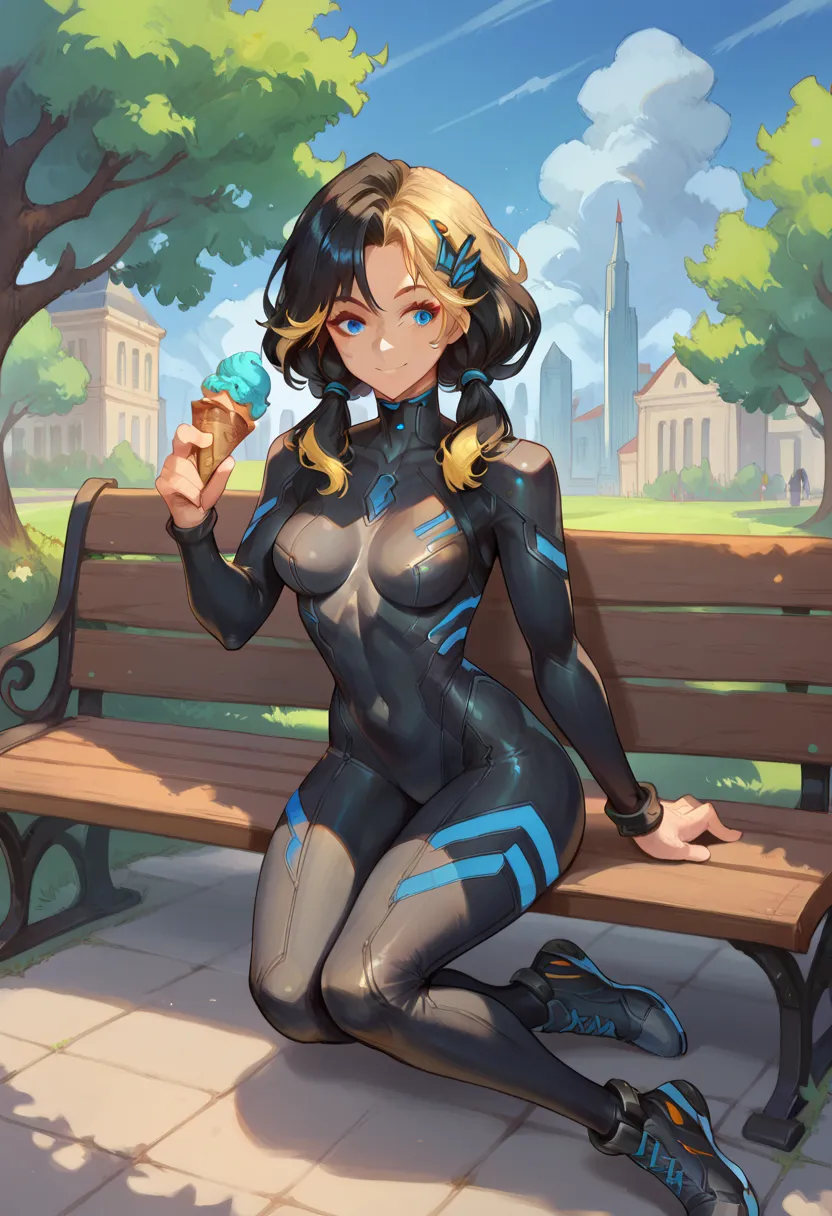 1girl, medium hair, blue eyes, multicolored hair, blue eyes, low twintails, black hair, blonde hair, hair ornament, bodysuit, full bodysuit, figure four sitting, outdoor, park, bench, holding ice cream cone, smile score_9, score_8_up, score_7_up, score_6_u...