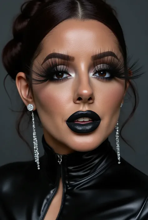 outrageously long and voluminous lash extensions., laughs a lot, latex suit, diamond ear earrings, black hair, black lips, bright black makeup