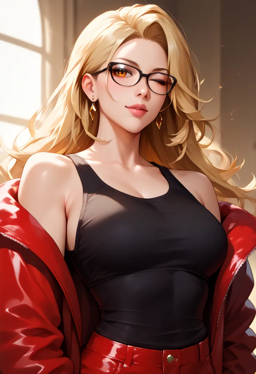 A girl that is 19 years old one of her eyes is demon orange eye the other eye is closed the girl also has a blonde long hair and she is wearing black tank top and jacket a leather black one and also you can see a black backround she is also wearing glasses...