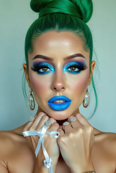 incredibly long and voluminous eyelash extensions, laughter, bright blue shadows, green hair, hair bun , white ribbon collar, diamond earrings , blue lips, looking at camera