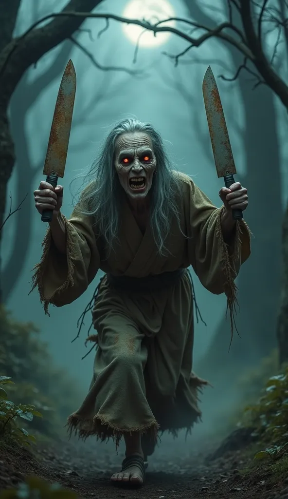 From a giant man-eating animal with a human head and an octopus body to a person々Desperately runs away,Photo, live action,A terrifying Yamauba (mountain witch) from Japanese folklore, depicted in a realistic style. She has long, unkempt gray hair, wrinkled...