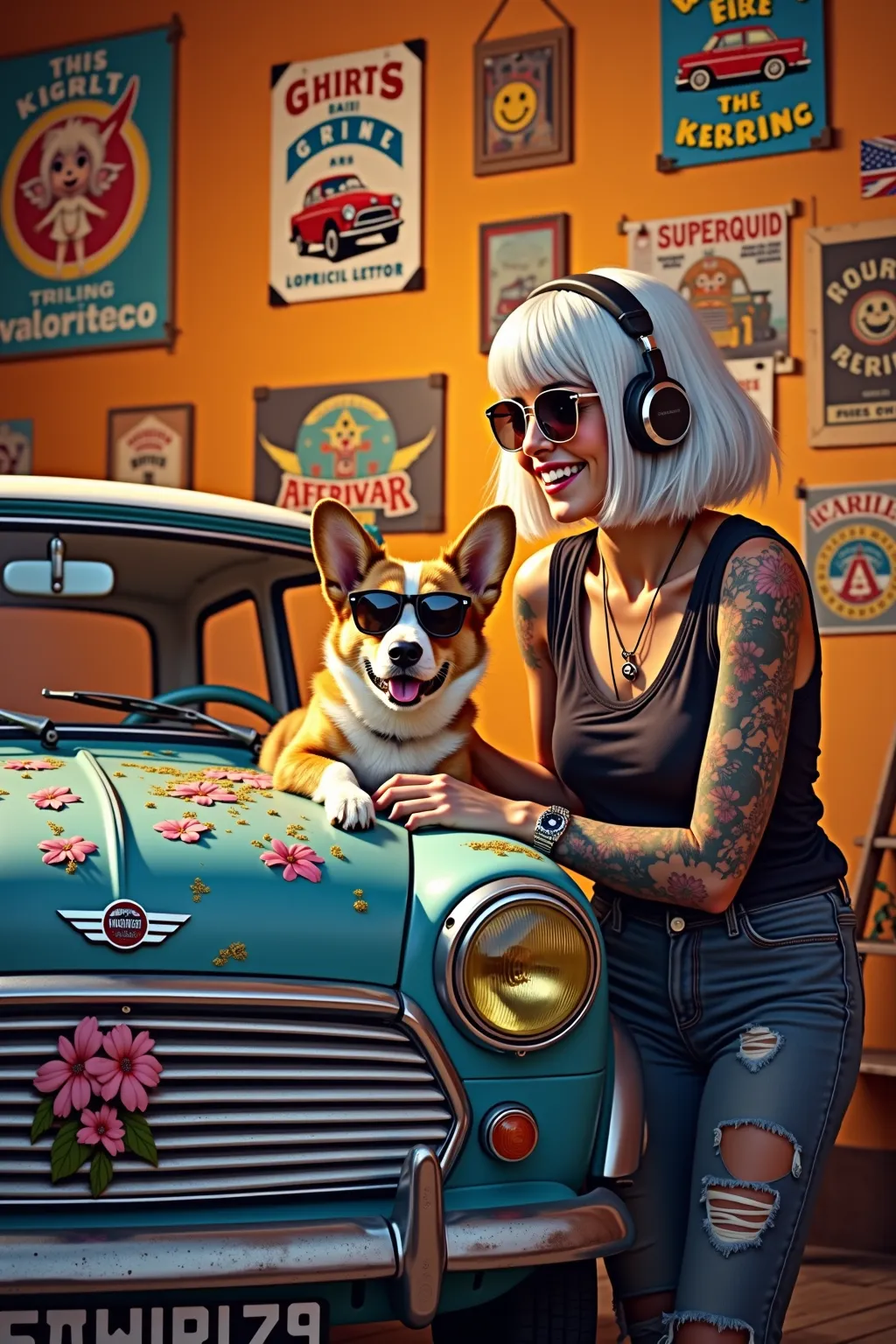  orange gradient background 、 There are lots of old American car posters and smiley posters on the wall in the old rusted art studio 、Rasta Colored Old Mini Cooper Van、 Flashy, Hardline , And a picture of a flower fairy that's cool on the body 、
  stick ou...