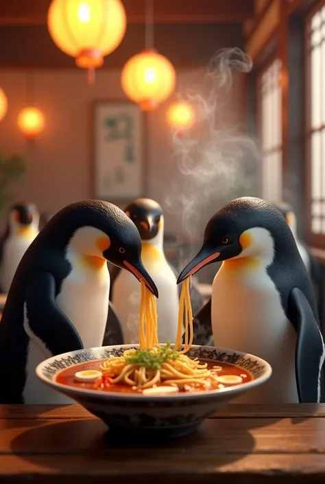 8k, high resolution, realistic penguins, steamy ramen noodles, sniffing, flapping fins in anticipation and delight, inside a Japanese restaurant