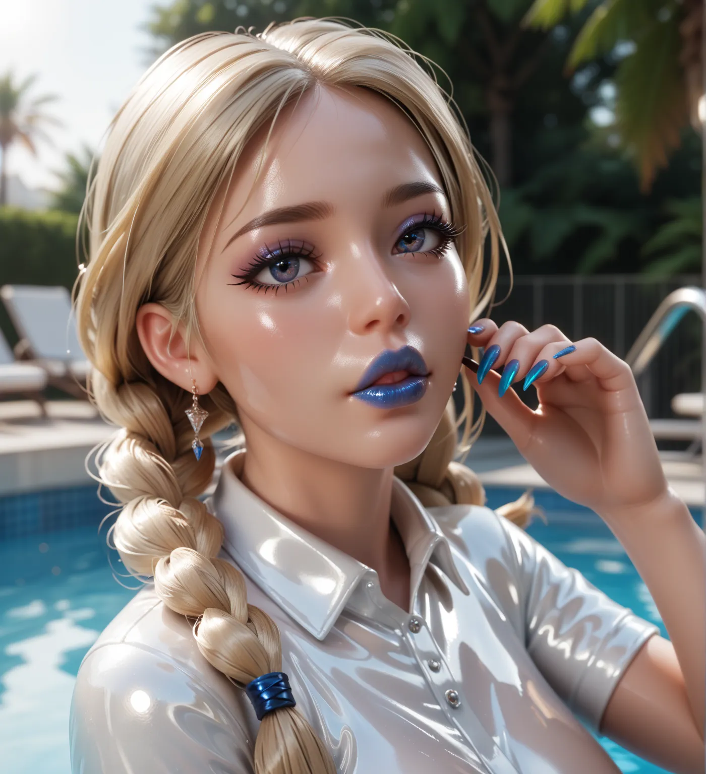  1 girl, standing by the pool ,   in an extremely tight , shiny silver latex polo shirt, Low double braids  , blonde hair, head leaning backwards,big boobs,  long fingernails , long lashes,  big lips, isometric view,  very strong shiny skin, continuous mak...