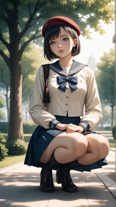  black hair、short hair、 beige beret、 sailor collar jacket、navy blue pleated skirt、 facing backwards、A park shaded by trees、 crouch、Look diagonally downwards