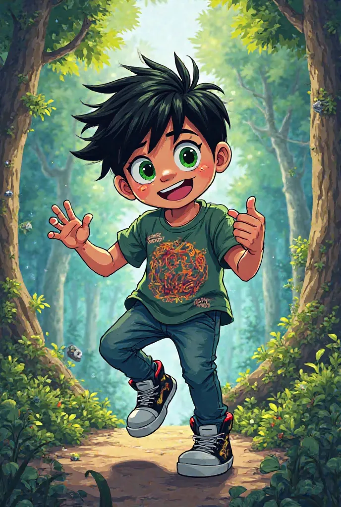 comic style cartoon Gravity Falls with a black-haired boy, green eyes. Your style is Hiro Yamada,  wearing loose clothing , gaming or graffiti t-shirts, and modern sneakers . he is 
