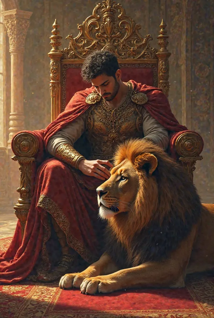 The young king caresses the head of the lion lying on the floor while he sits on the throne, but the king looks at him