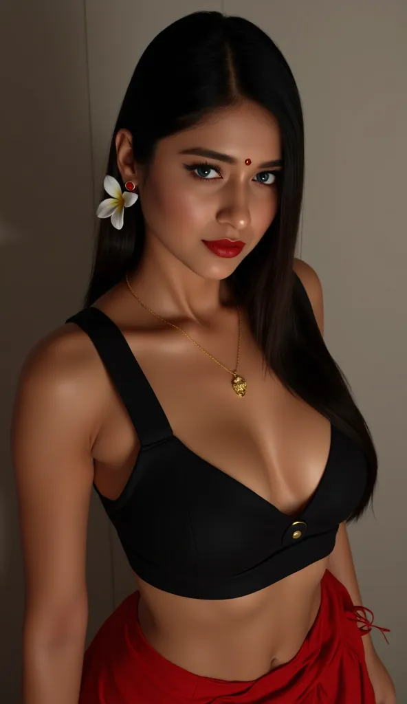 Realistic ultra wide angle portrait of a desi young indian woman who is sexy, alluring, seductive, tempting, ravishing, sensual with a straight black long hair which is pulled back, wearing a white jasmine flower on the hair, a ruby jewel hanging on her fo...