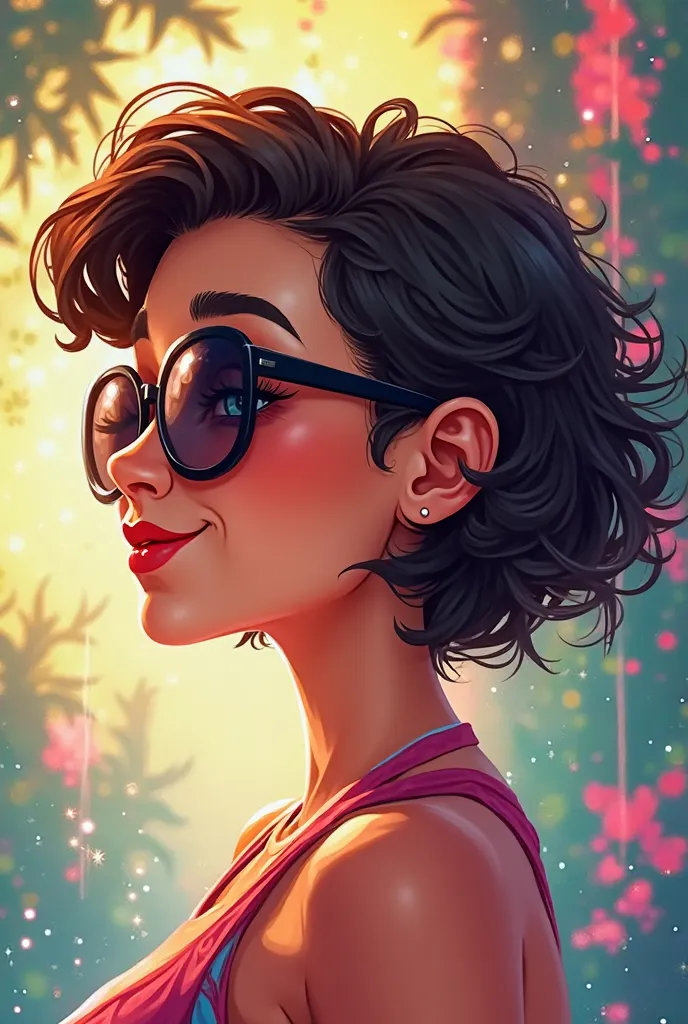 create cool animated profile for woman in 20s bit chubby and has short hair (hair length below ear). wear black sunglasses to make it fun. cute chubby