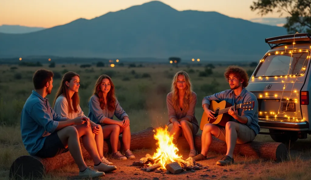 A group of young friends gathered by a campfire in the middle of a vast savannah under a starry sky. A slightly curly redhead, wearing denim shirts and boho dresses, are sitting on a log, hugging a guitar and drunkenly singing a country ballad. Other frien...