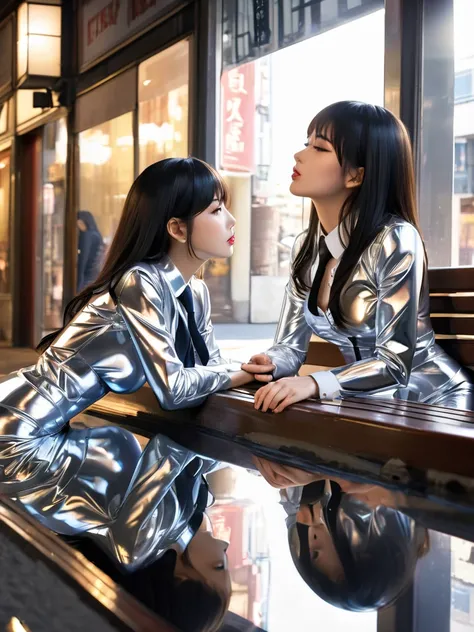 Japanese mother and daughter in extremely tight, shiny silver latex blouse buttoned up, necktie, reflection ,  reflected light , Sitting in the city on the bench, long hair,  black hair, kiss, mannequin  