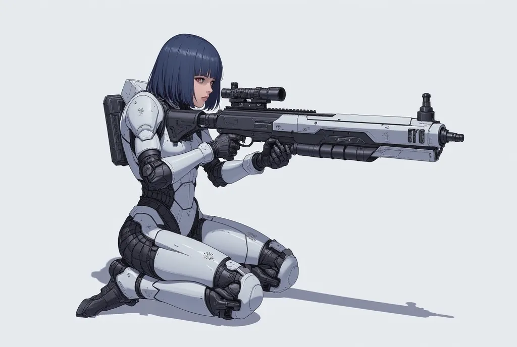 A young, anime-style female figure, likely ager, is depicted in a kneeling pose, aiming a large, futuristic rifle.  The figure's skin is light, and she has dark-blue shoulder-length hair.  She is clad in white, articulated armor, which has gray accents on ...