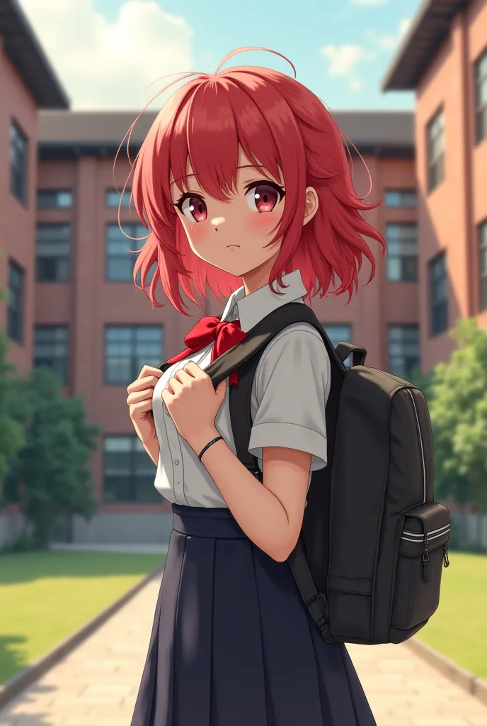 A girl with long red and curly hair stands in front of a school wearing a school uniform and a backpack.