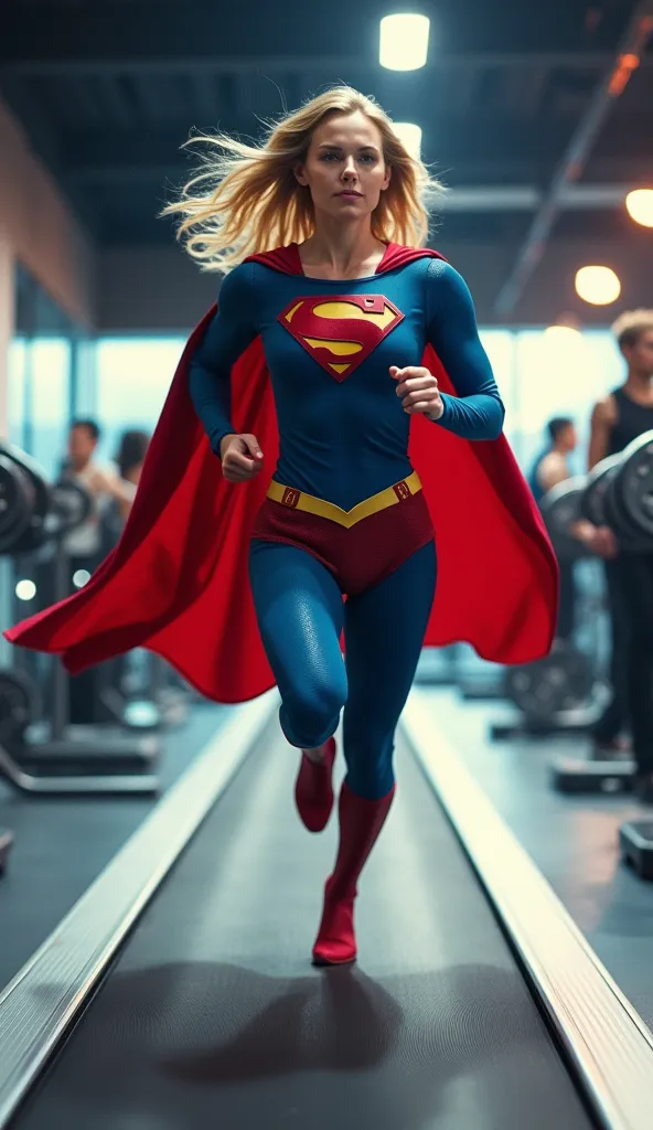 "A hyper-realistic and dynamic scene of Supergirl running energetically on a treadmill in a modern gym. She is wearing her iconic blue, red, and gold superhero suit, with her cape flowing behind her as she moves. Her face shows determination and focus, wit...