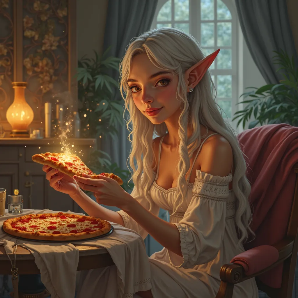 An adult elf girl is sitting in the house eating pizza