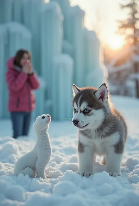 hyperrealistic. A SMALL PUPPY with fluffy fur from the Siberian Husky breed is in the snow ,  wearing a bandage over one of her eyes . The right front of the puppy , a SMALL WHITE snake , Are you staring intently at the puppy?, It has its body raised and w...