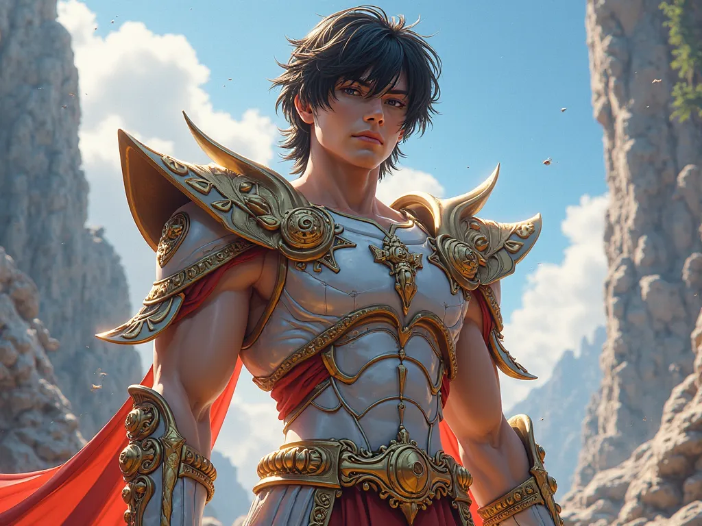 jeune homme de 20 ans cheveux noir s'yeux noir dans une armure type gladiateur saint seiya 