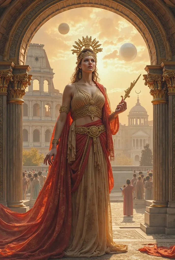 make a backdrop painting for our scale model with roman mythology theme it may include a collage image with rome, roman goddess, and other elements that is connected to roman mythology 